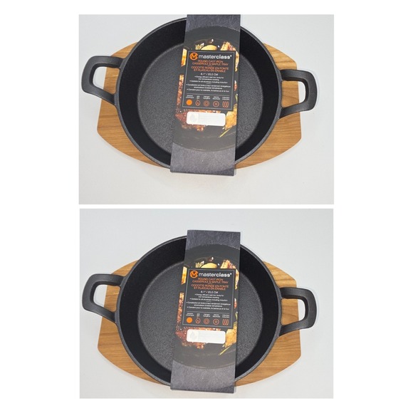Masterclass Cookware Set of‎ 2 Round Cast Iron Casserole With  Wooden Maple Tray - Picture 1 of 11